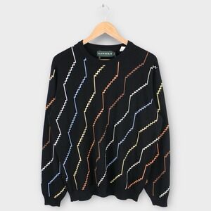 Tundra Canada Men's Crewneck Sweater Large Black Geometric Pattern Silk Cotton